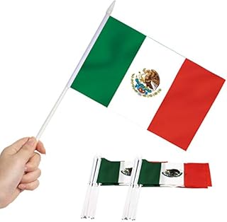 Mexico Stick Flag, ANLEY Mexican 5x8 inch (12 X 20cm) HandHeld Mini Flag With 12" (30cm) White Solid Pole - Vivid Color and Fade Resistant - 5 x 8 inch Hand Held Stick Flags With Spear Top (1 Dozen)