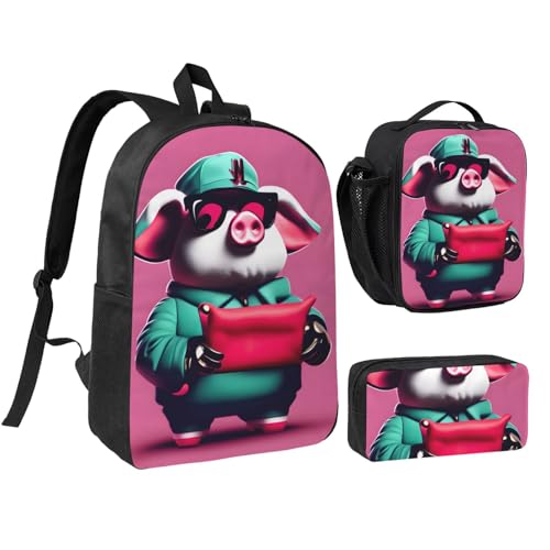 piggy print Backpack Bookbag for Daily Use,3 Pcs Backpack Set with Lunch Box and Pencil Case