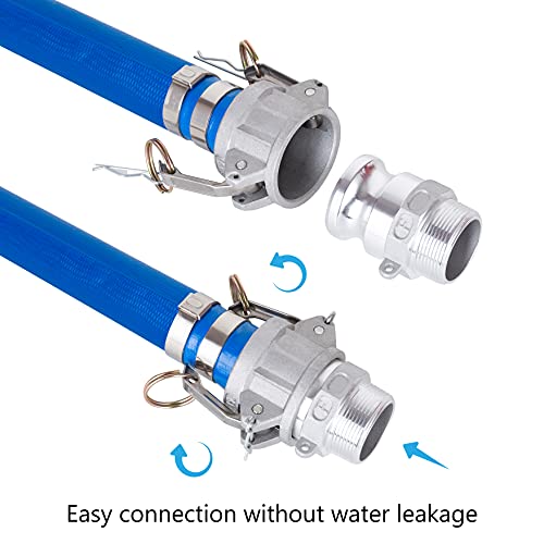 1.5" x 50' Blue PVC Backwash Hose for Swimming Pools, Heavy Duty Discharge Hose Reinforced Pool Drain Hose with Aluminum Camlock C and E Fittings