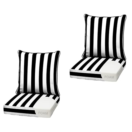 Image of Arden Outdoor Foam Deep Seat Cushion, 2-Pack, 22x24, Premium High-Density Foam, Never Flattens, Weather-Proof for Patio Chair Sofa Couch, Black Cabana Stripe