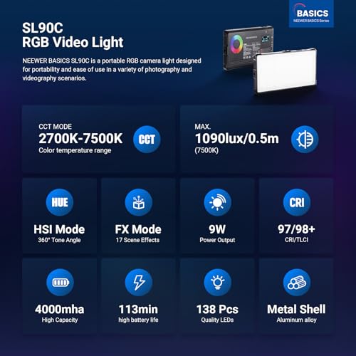 NEEWER Basics SL90C Full RGB LED Camera Video Light with Desk Tripod Stand - image 2