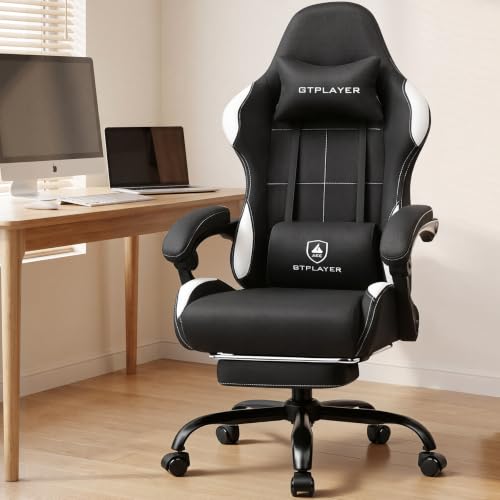 Image of GTPLAYER Gaming Chair Fabric with Pocket Spring Cushion,Computer Office Chair with Lumbar Support for Adults Linkage Armrests and Footrest Ergonomic Gamings Chairs Height Adjustable DARKBLACK