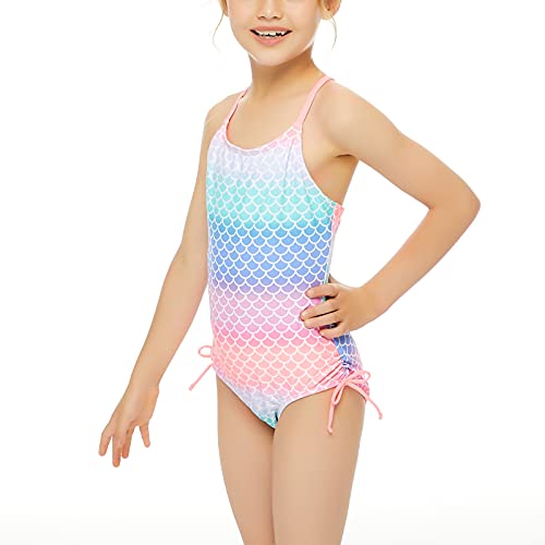 Jimmy Baha·mas Girls 1 Piece Sport Swimsuits With Cross Back Strap Colorful Fish Scales Print And Two Cute Bow Decorations #TOP4