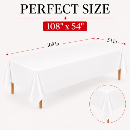 Image of 6 Pack White Plastic Tablecloths, 54 x 108 Inch Disposable Covers | Ideal for Weddings, Bridal Showers, Birthdays and Graduations, Helping Protect Tabletops and Simplify Event Cleanup
