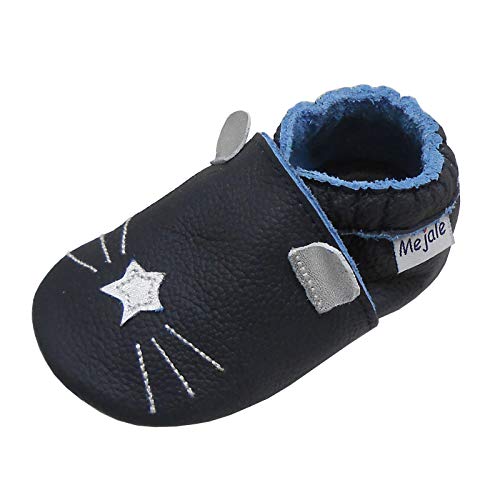 Mejale Infant Nouveau-né Semelle Souple en Cuir bébé Chaussures Enfant en Bas âge Rampant Mocassins garçons Filles Pantoufles, Marine, Taille 6-12 Mois, M Cover