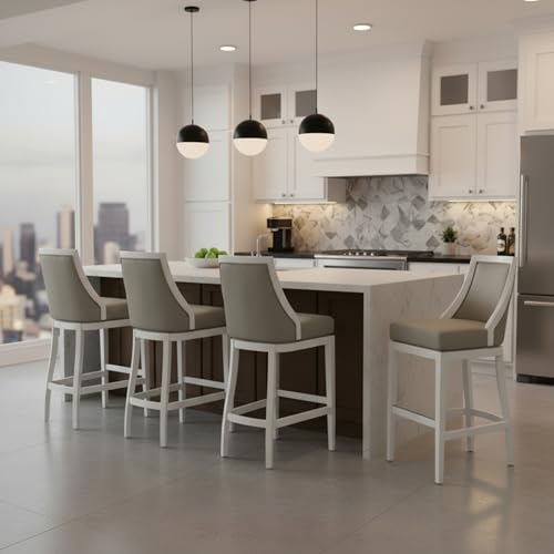 Image of Ellie Bar Height Stool Set of 4 with Backrest - Modern Kitchen & Home Bar Seating with Upholstered Seats, Rubberwood Frames, 360 Memory Return Swivel & Metal Kick Plate by Alaterre Furniture (White)