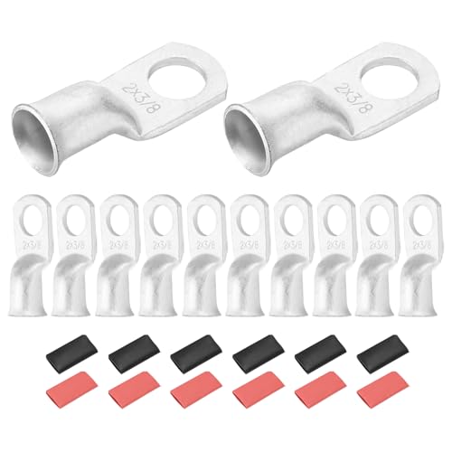 DMiotech 12 Pcs 2 AWG - 3/8 Tinned Copper Cable Lugs, Battery Cable Ends, Heavy Duty Copper Wire Lugs with 12pcs Heat Shrink Tubing for Electrical Projects, Silver