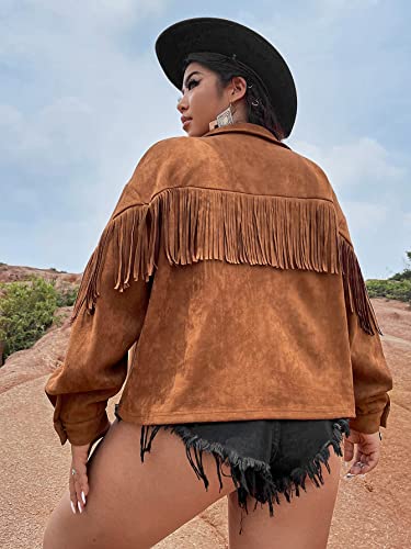 Wdirara Women's Plus Size Fringe Trim Drop Shoulder Button Front Faux Suede Moto Jacket Brown 1Xl #TOP1