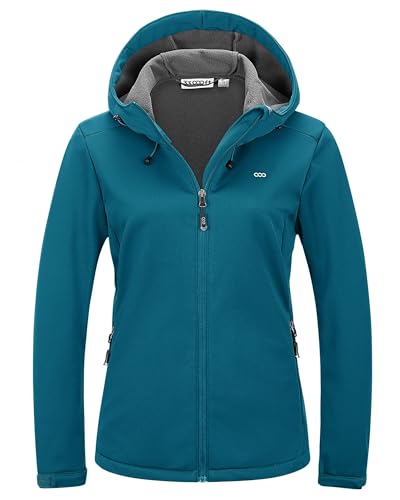 33,000ft Damen Fleece Gefütterte Softshelljacke Wasserdichte Funktionsjacke Fahhradjacke mit Kapuze Winddichte Übergangsjacke Windbreaker zum Radfahren, Wandern Dodge Blau 38
