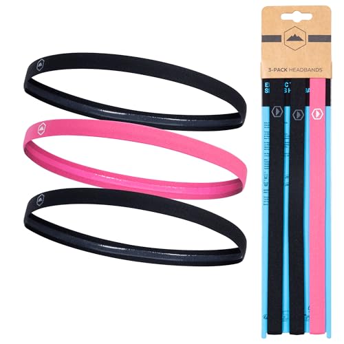 Image of Tough Headwear Athletic Headband Set - Thin Headbands for Women - Elastic Sport Hair Bands Men - Skinny Sports Hairbands - Non Slip Athletic Head Bands for Sports - Black and Pink