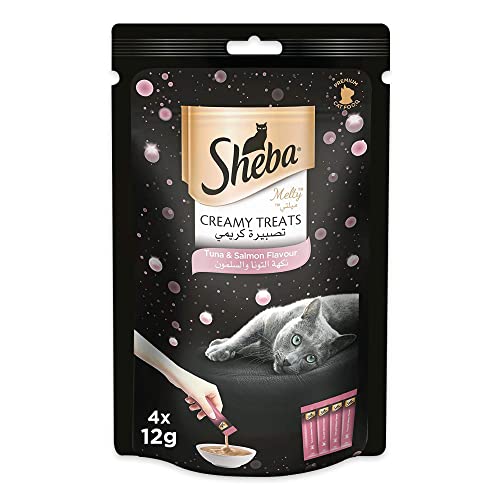 Sheba Cat Food Melty Tuna & Salmon Flavor Cat Food Wet Creamy Treats Premium Indulgence Fed by Hand for a Special Moment so Your Cat Can Find Relish with This Sheba Wet Food Treat Pack of 4x12g