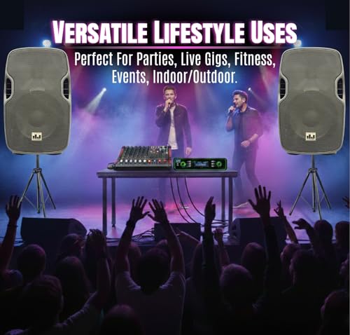 MUSYSIC Portable PA System with Wireless UHF Microphone, 10" Powered PA Speakers, Party DJ Speakers, 2000W Built-in Amplifier w/6 Channel Audio Mixer System, 800W Powered Speaker, Dual Tripod Stands