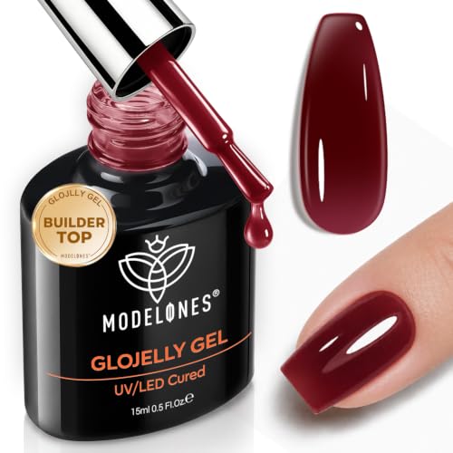 Image of modelones Jelly Burgundy Builder Nail Gel Top Coat Gel Polish in One 15ML | No Wipe Top Coat Sheer Wine Red Self Leveling Apex Buidling Ultra Glossy Long Lasting U V Cure Fall Manicure Gift for Women