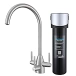 3 Way Drinking Water Tap Stainless Steel Kitchen Sink Mixer Tap Hot Cold Filtered Water Kitchen Tap with Water Filter Swan Swivel Spout Triple Lever Handle