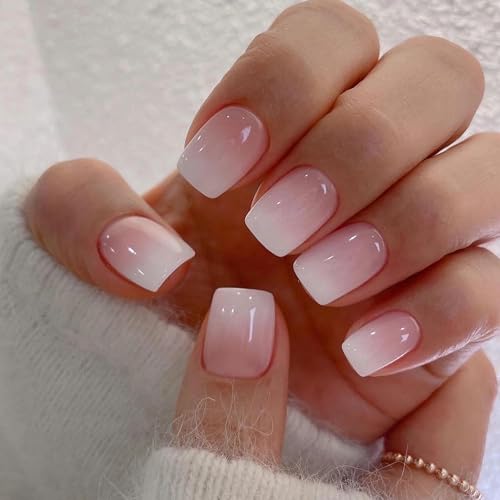 Qsnidy Press on Nails Square - French Ombre Pink Fake Nails Short Acrylic Full Cover Glue on Nails in 12 Sizes - 24 Piece Nail Kit，Natural Fit for Women & Girls Daily Wear