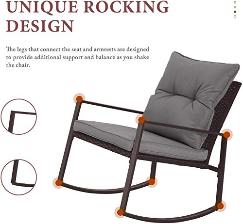 Betterland Patio Bistro Set 3-Piece Outdoor Rocking Chair Set Patio Furniture Set Brown Wicker with Two Chairs and Tempered Glass Coffee Table (Grey Cushion)