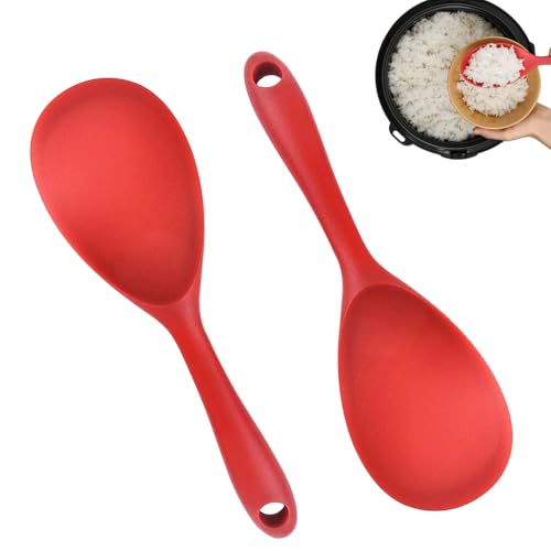 2 Piezas Arrocera Antiadherente cucharas para servir,23 x 7cm Cuchara Arrocera de Silicona Antiadherente,Cucharas de Arroz de Silicona Resistente al Calor con Agujero para Colgar, Revolver,Sacar