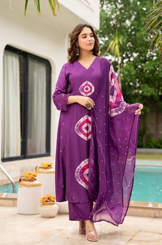 Image of Nermosa Women Viscose Kurta Pant Dupatta Set | Summer Friendly Ethnic Suit Set for Women | V-Neck Printed Kurti with Matching Pants & Dupatta | Casual & Office Wear