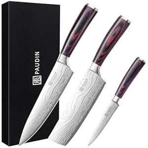 PAUDIN Messerset, Küchenmesser Set 3-tlg aus hochwertigem Carbon Edelstahl, Ultra Scharfes Messer set mit Chefmesser Hackmesser Allzweckmesser, Profi Kochmesser mit Pakkaholz Griff