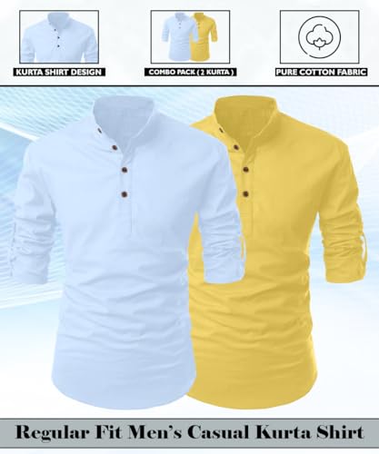 Image of FINIVO FASHION Combo of Men's Cotton Blend Solid Regular Fit Full Sleeve Straight Short Kurta Shirt, Casual and Formal Wear