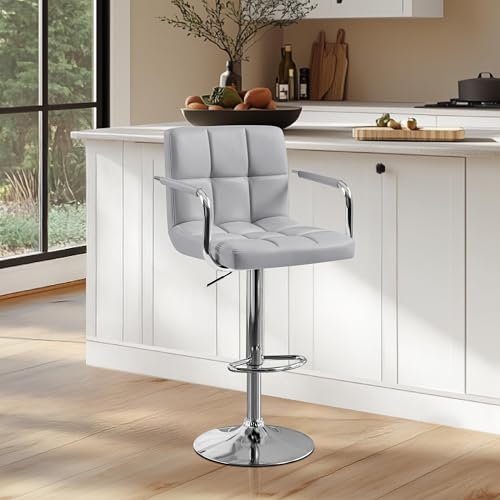 Image of Yaheetech Bar Stool, Swivel with Backs, Adjustable Height, Light Gray