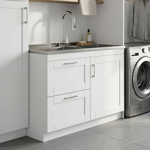 Image of SIMPLIHOME Modern Wide Shaker 46 inch Wide Stainless Steel Sink Laundry Cabinet