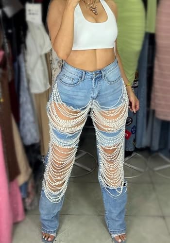 Vaceky Pearl Ripped Jeans Womens High Waist Stretchy Straight Leg Y2K Western Denim Pant3