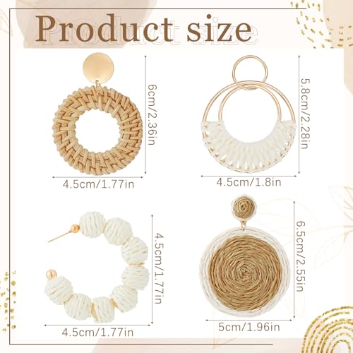 meekoo 4 Pairs Rattan Earrings for Women Beach Essentials Tassel Dangle Boho Straw Earrings(Simple) by meekoo - Image 2