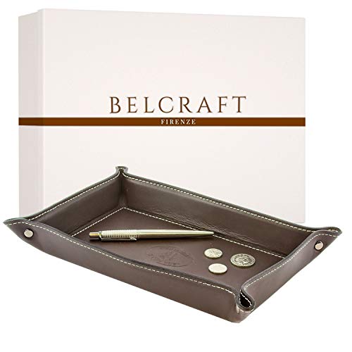 Belcraft Orvieto Plateau Bien rangé en Cuir de Fabrication Artisanale Italienne, Vide Poches, Cadeau, Marron foncé (28x19 cm)