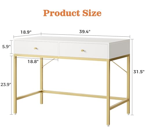 Image of SUPERJARE 39.4 inch White and Gold Desk with 2 Drawers, Modern Makeup Desk