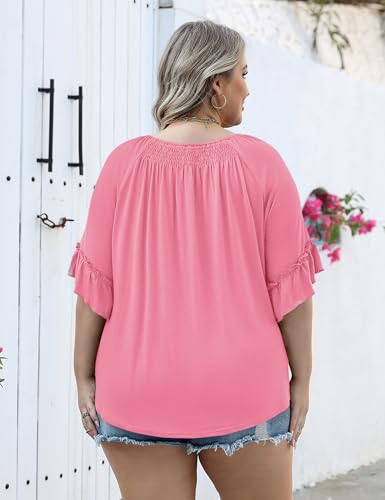 Image of Micoson Womens Plus Size Tops 3 /4 Ruffle Sleeve Crewneck Pleated Shirts