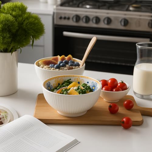 Image of YELONA Ceramic Snack Bowls - Set of 2 (300 ml Each) - Microwave Safe Side Bowls for Serving Noodles, Soups | Rice, Dal, Fruits | Perfect for Christmas, New Year Gift & Daily Use (Flora)