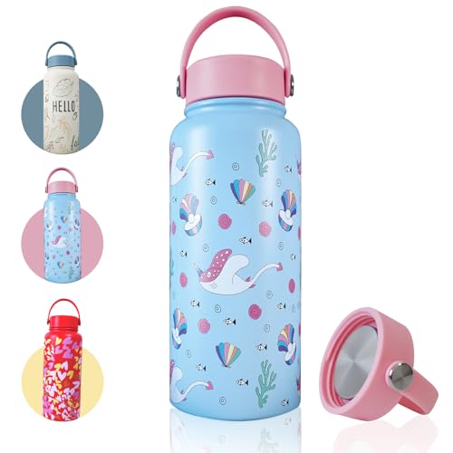 OcTecho Metal Water Bottle 1L,Insulated Water Bottles Stainless Steel for 12h Hot & 24h Cold Drinks, Double Vacuum Thermos Flask Water Bottles Leakproof Lid, BPA Free for Sports/Travel/Work-Blue Sea