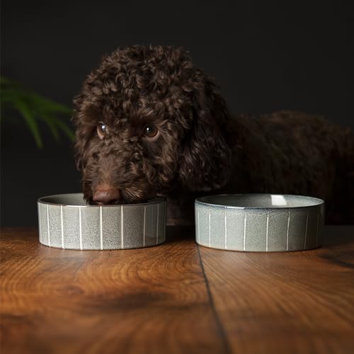 Scruffs Ceramic Heavy Duty Reactive Glaze Pet Bowls - 2pc Set - Grey Pinstripe - 15cm