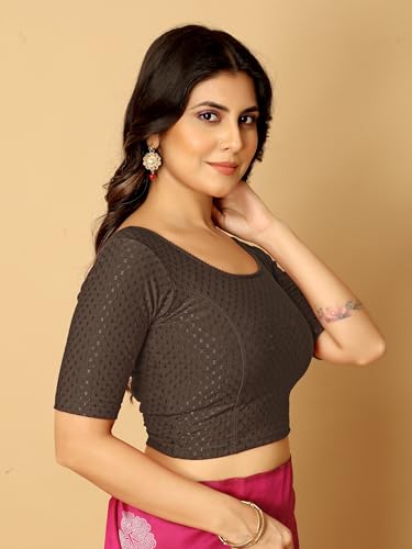 Image of Amazon Brand - Anarva Round Neck Dobby Cotton Lycra Stretchable Elbow Half Sleeve Readymade Saree Blouse for Women Stylish