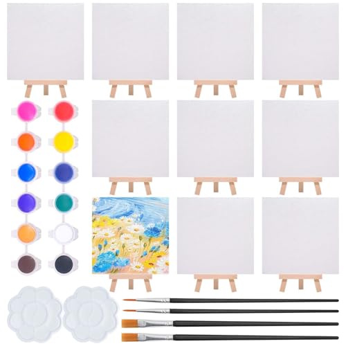 Annickee 10 Stück Mini Leinwand mit Mini Staffelei 15 x 15cm Staffelei Klein Faltbar Kleine Leinwand Zum Bemalen mit 12 Farben Acrylfarben 4 Ölpinsel und 2 Farbpaletten für Tisch Deko Basteln