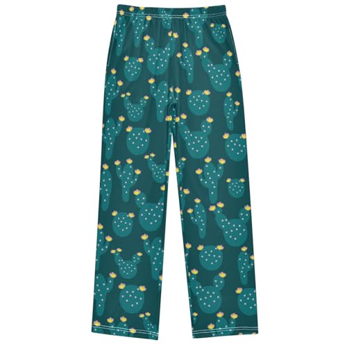 Boy's Pj Pants Dark Green Cactus Yellow Flower Lounge Bottoms Elastic Waist Kids Joggers with Pockets Size 6-14