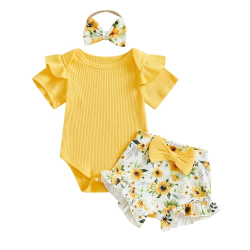 Image of Newborn Infant Baby Girl Summer Clothes Rib Frill Short Sleeve Romper Elastic Waist Shorts Headband 3Pcs Outfits Set