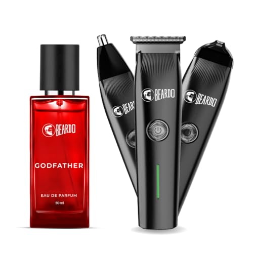 Image of Beardo Ape-X Prime 3-in-1 Trimmer + Godfather EDP Perfume for Men | Beard, Nose & Ear Trimmer with Type-C Charging | Long Lasting Spicy Eau de Parfum, 50ml | Grooming & Fragrance Gift Set for Men, Husband, Boyfriend