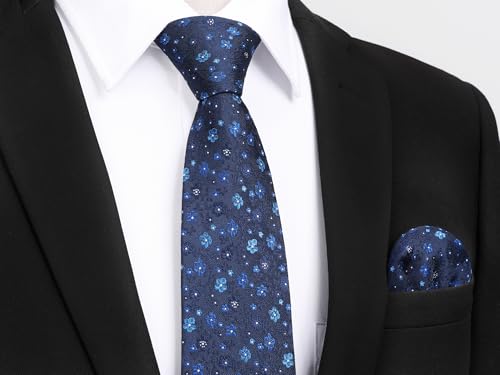 Image of HISDERN Men Floral Ties Woven Classic 3.4 inch Necktie Set Formal Tie Pocket Square for Wedding with Handkerchief Gift Box