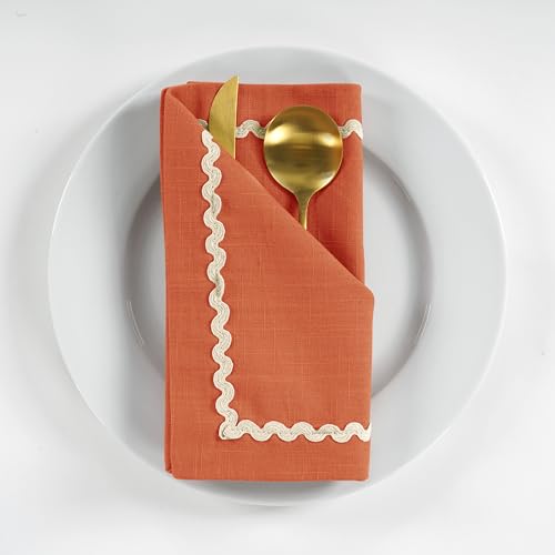 Image of FINGERCRAFT Cloth Napkins Set of 6, 18x18 Inch, 100% Cotton Table Napkins with RIC Rac Scallop Lace Trim, Reusable Washable Dinner Napkins for Wedding, Party, Dining & Home Decor (Rust)