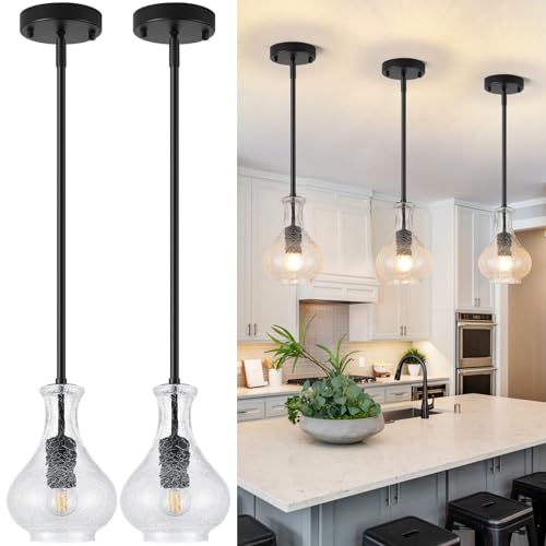 Karjearl Black Pendant Lights Kitchen Island 2 Pack, 5.9' Unique Crackle Glass Pendant Light...