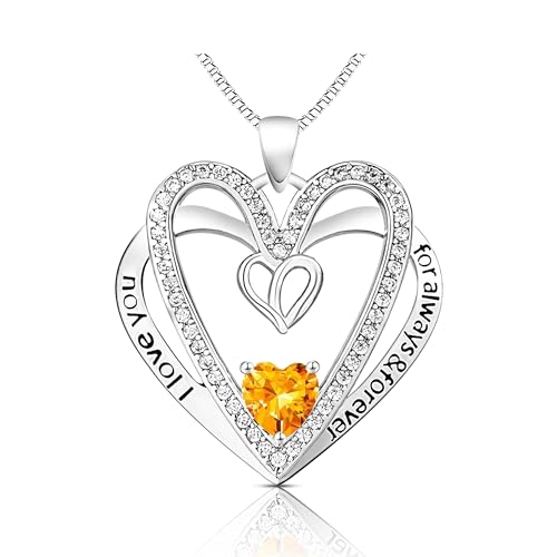 U.Seizeyes Birthstone Necklace for Women, 18K White Gold Over Sterling Silver Forever Love Heart Pendant, Fine Jewelry Romantic Gifts for Girlfriend Wife Her 18+2" November