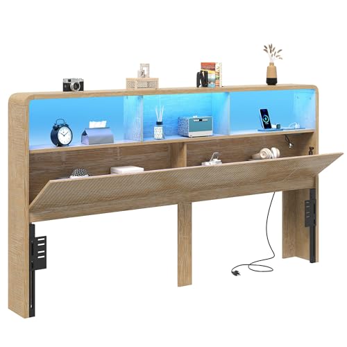 Homiflex King Headboard Only 78.7 Wide Wooden Headboard King Size with Storage Modern Farmhouse Head Board with Outlets & USB Ports Wall Mounted Headboards with Color-Changing LED Natural