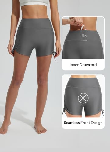 baleaf Women's Swim Shorts 3" High Waisted Swimsuit Tummy Control Bottoms Ruched Side Board Shorts with Pocket4