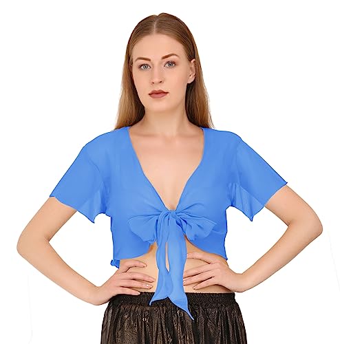 Image of Indian Trendy Women's Chiffon Short Sleeve Tie Top Choli Blouse Belly Dance Gypsy Tie Front Cardigan Tops