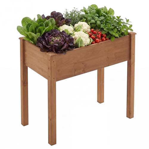 DUMOS Raised Garden Bed with Legs, 34x18x30 Inch Planter Box Outdoor with Liner for Herbs Flowers Vegetables, Elevated Wooden Garden Bed for Patio, Balcony and Backyard, Brown