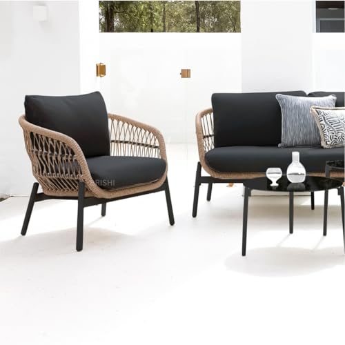Image of BRISHI Outdoor 4 Seater Sofa Set | Balcony Sofa | Patio Furniture Sets | Conversation Sets | Braid & Rope Garden 4 Seater Sofa Set with Center Table (Tan & Black)