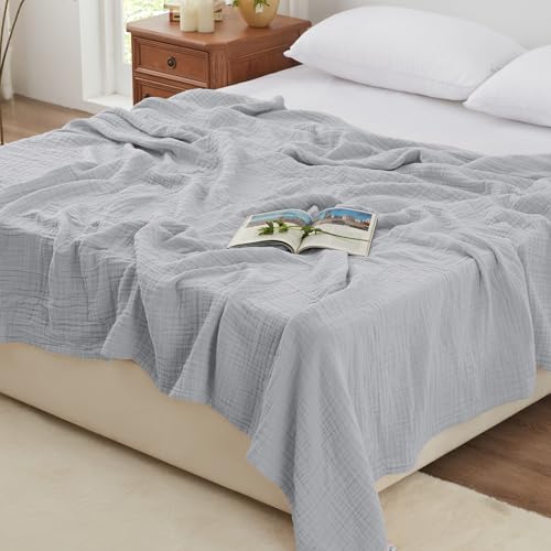 Loves cabin 100% Cotton Muslin Blanket 6 Layer Lightweight Breathable Gauze King Size Blanket 108 x 90 Inches Soft Summer Blanket for Bed Light Grey