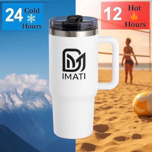Image of IMATI Insulated Steel Tumbler 1200ml with Flip Straw Side Handle & Leakproof Lid - Stainless Steel Travel Mug Coffee Cup & Water Bottle for Office Gym Car Adults (White 2 Lids 2 Straws Brush)
